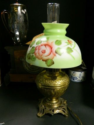 Vintage Bradley & Hubbard Converted Oil Lamp Hand Painted Shade All Exc 3