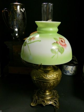 Vintage Bradley & Hubbard Converted Oil Lamp Hand Painted Shade All Exc 4