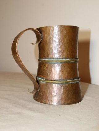 large antique 1800 ' s Arts & Crafts handmade hammered copper brass beer mug stein 2