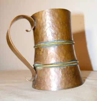 large antique 1800 ' s Arts & Crafts handmade hammered copper brass beer mug stein 4