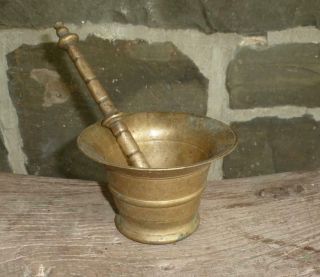 Antique 18th Century Metalware Brass Mortar And & Pestle Set Fine Example Nr