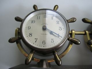 Vintage Chelsea ' Corvette ' clock and barometer bronze base ship ' s wheel runs 2