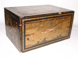 Antique Large Heavy China Chinese Qing Dynasty ? Gilt Lacquer Tea Caddy