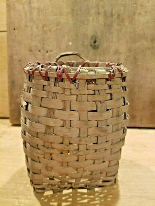 Antique Primitive Early 1900s Miniature Pack Basket - Tiny Carved Wood Handle