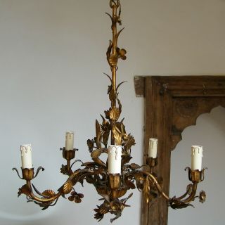 Vintage 5 Arms Florentine Italian Gilt Tole Chandelier Ceiling Light Flowers