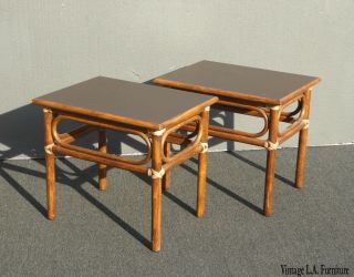 Vintage Mcguire Mid Century Modern Bamboo Rattan End Tables W Leather Bindings