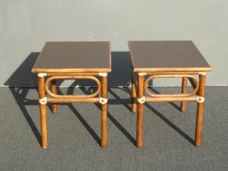 Vintage McGuire Mid Century Modern Bamboo Rattan End Tables w Leather Bindings 3