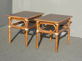 Vintage McGuire Mid Century Modern Bamboo Rattan End Tables w Leather Bindings 4