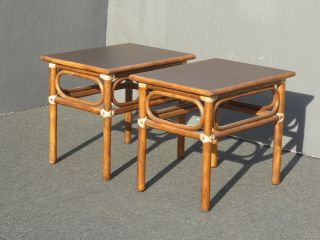 Vintage McGuire Mid Century Modern Bamboo Rattan End Tables w Leather Bindings 5