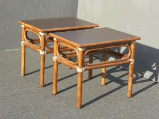 Vintage McGuire Mid Century Modern Bamboo Rattan End Tables w Leather Bindings 6