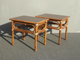 Vintage McGuire Mid Century Modern Bamboo Rattan End Tables w Leather Bindings 7