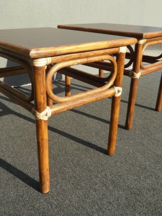 Vintage McGuire Mid Century Modern Bamboo Rattan End Tables w Leather Bindings 9