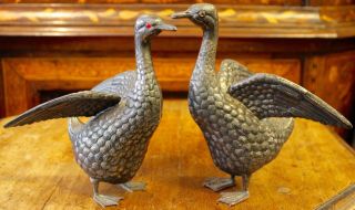 Old Spanish Sterling Silver Geese Figurines With Glass Eyes