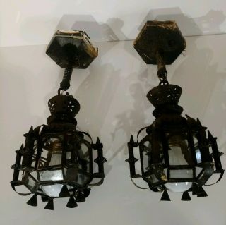 Antique Gothic Lights Pair Mideval Pendant Spanish Tudor Chandelier Parts Repair 2