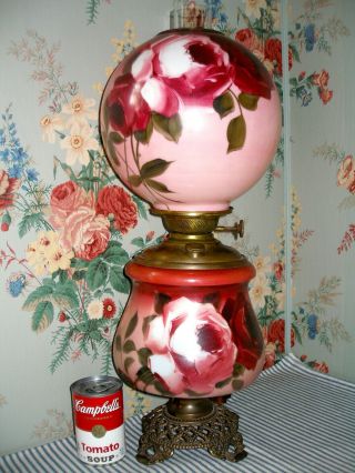 C.  1905 Pittsburgh Painted Roses Gwtw Parlor Banquet Lamp,  Victorian Antique