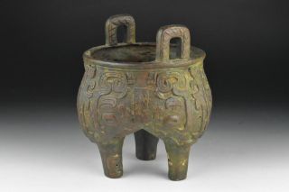 Antique Chinese Qing Dynasty Bronze Tri Footed Handled Vessel Taotie Mask Ding 11