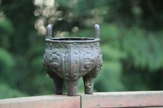 Antique Chinese Qing Dynasty Bronze Tri Footed Handled Vessel Taotie Mask Ding 2