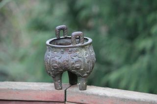 Antique Chinese Qing Dynasty Bronze Tri Footed Handled Vessel Taotie Mask Ding 3