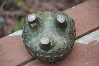 Antique Chinese Qing Dynasty Bronze Tri Footed Handled Vessel Taotie Mask Ding 5