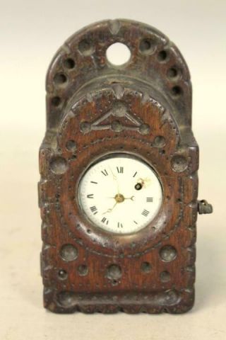Museum Quality 17th C Pilgrim Period Carved Hanging Watch Box In Old Surface