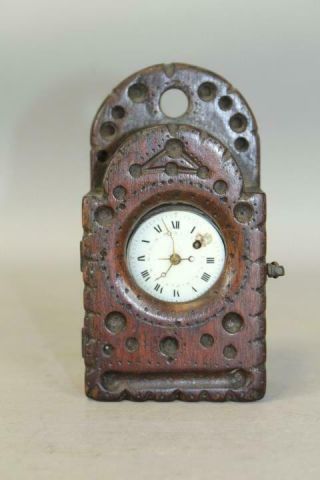 MUSEUM QUALITY 17TH C PILGRIM PERIOD CARVED HANGING WATCH BOX IN OLD SURFACE 2