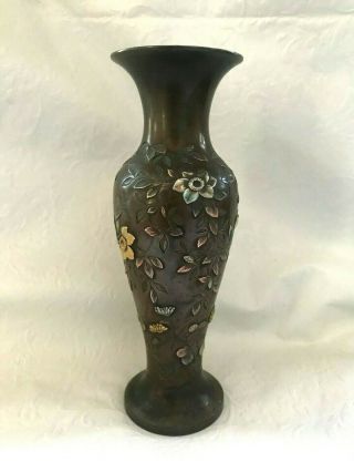 JAPANESE ANTIQUE BRONZE MIXED METAL VASE WITH GOLD SILVER SIGNED RARE 2