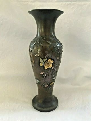 JAPANESE ANTIQUE BRONZE MIXED METAL VASE WITH GOLD SILVER SIGNED RARE 3