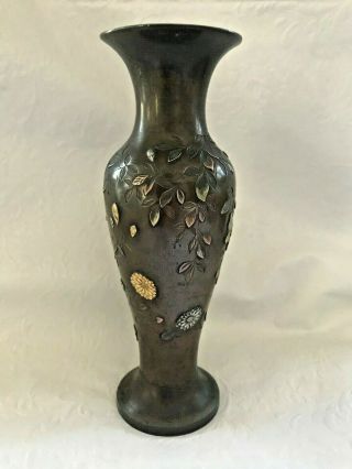 JAPANESE ANTIQUE BRONZE MIXED METAL VASE WITH GOLD SILVER SIGNED RARE 4