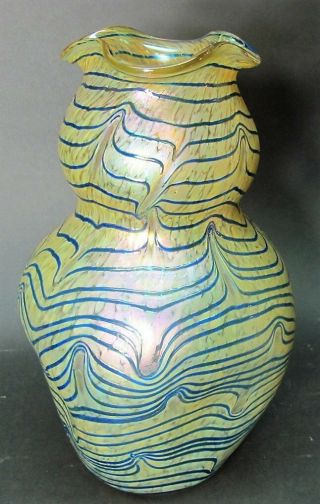 Massive Kralik " Blue On Gold " Iridized Art Glass Vase C.  1910 Antique Bohemian