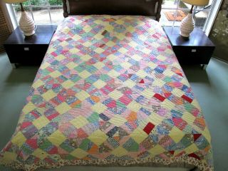 Queen Vintage Feed Sack Hand Pieced & Quilted The House That Jack Built Quilt