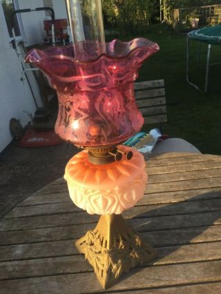 Victorian Etched Cranberry Shade With Peach / Orange Font,  Gold Base Oil Lamp.