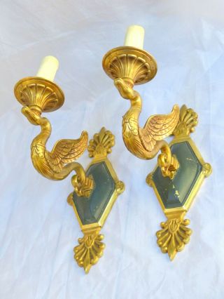 Antique 2x French Empire Pair Sconces Rare Swans Wall Light Gilded Bronze 1920