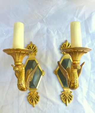 ANTIQUE 2x French Empire Pair Sconces RARE Swans Wall Light Gilded Bronze 1920 2