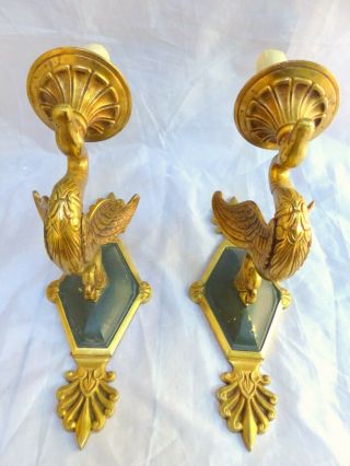 ANTIQUE 2x French Empire Pair Sconces RARE Swans Wall Light Gilded Bronze 1920 3