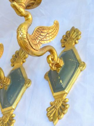 ANTIQUE 2x French Empire Pair Sconces RARE Swans Wall Light Gilded Bronze 1920 4