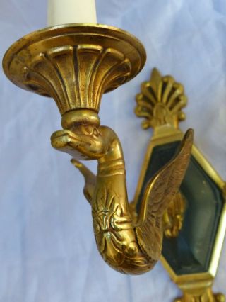 ANTIQUE 2x French Empire Pair Sconces RARE Swans Wall Light Gilded Bronze 1920 6