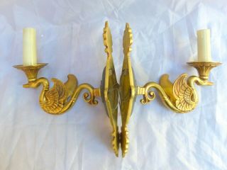 ANTIQUE 2x French Empire Pair Sconces RARE Swans Wall Light Gilded Bronze 1920 7