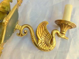 ANTIQUE 2x French Empire Pair Sconces RARE Swans Wall Light Gilded Bronze 1920 8