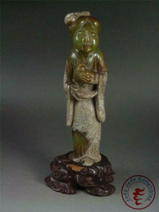 Big Antique Old Chinese Nephrite Celadon Jade Statue Tang Dynasty Lady W/ Stand