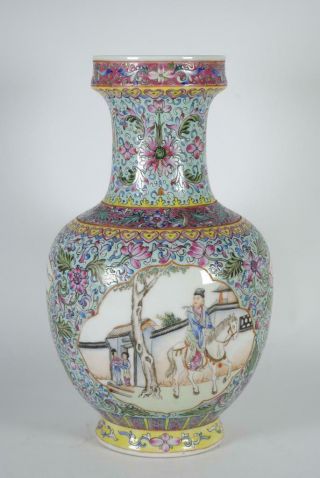 Fine Antique Chinese Famille Rose Porcelain Vase W Figures,  Flowers & Landscape