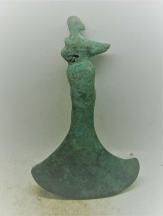 Circa 1200 - 800bc Ancient Luristan Bronze Axehead Bird Terminal Rare