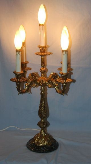Vintage 5 Light,  4 Arm Brass Candelabra Light Lamp Chandelier Marble Base