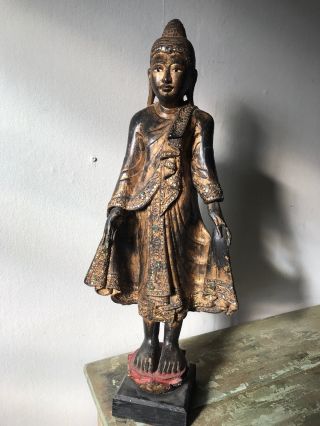 Antique Thai Wooden Buddha Statue Large Wood Carved Buddha Gilded Glass Mosaics