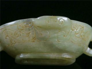 Fine Old Chinese Celadon Nephrite Jade Brush Washer Bowl Wine Cup DRAGONS CARVED 5