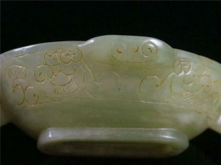 Fine Old Chinese Celadon Nephrite Jade Brush Washer Bowl Wine Cup DRAGONS CARVED 6