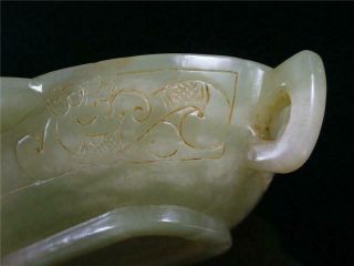 Fine Old Chinese Celadon Nephrite Jade Brush Washer Bowl Wine Cup DRAGONS CARVED 7