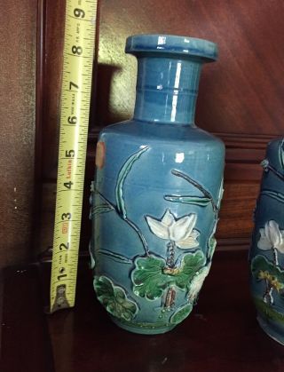 Two Antique Chinese Blue Iridescent Glaze Ceramic Vases Lotus & Bird Motifs 4