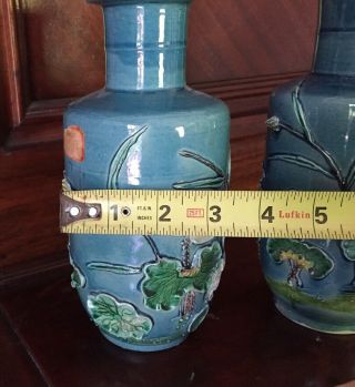 Two Antique Chinese Blue Iridescent Glaze Ceramic Vases Lotus & Bird Motifs 5