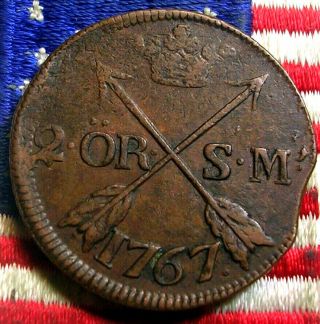 Authentic 1767 2 Ore Arrows Hudson Fur Trade Colonial Revolutionary War Coin F