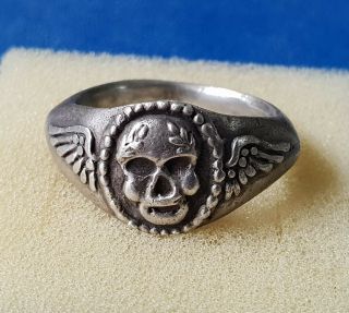 Memento Mori Ancient Silver Roman Ring - Skull With Branch And Eagle Wings - Rare